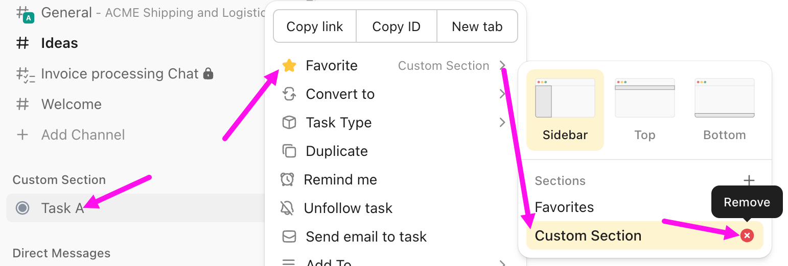 Screenshot of a task selected in a custom section. The custom section's settings menu is expanded. The Favorite setting is highlighted, and the Sections modal is open. The Custom Section is highlighted and the x icon is selected.png