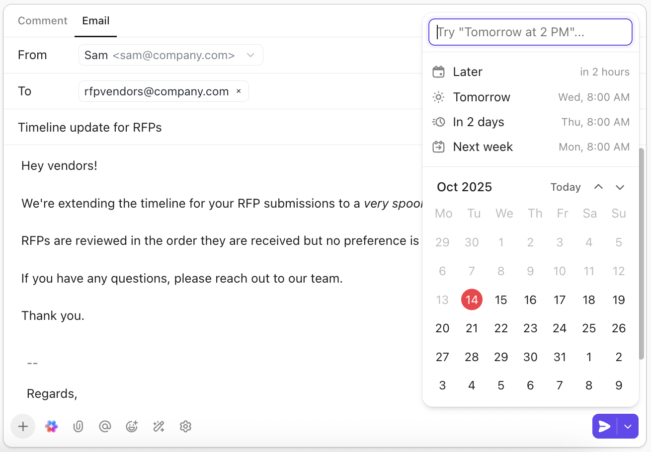 Screenshot of the scheduled send options for an email from a task.
