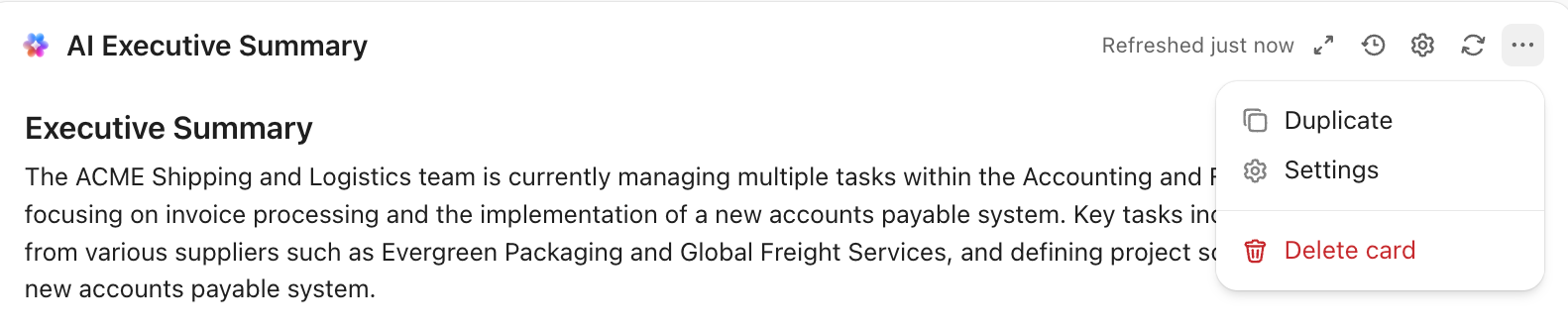 Screenshot of the card settings options available on an AI Executive Summary card.