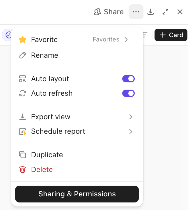 Screenshot of a Dashboard's setting menu.