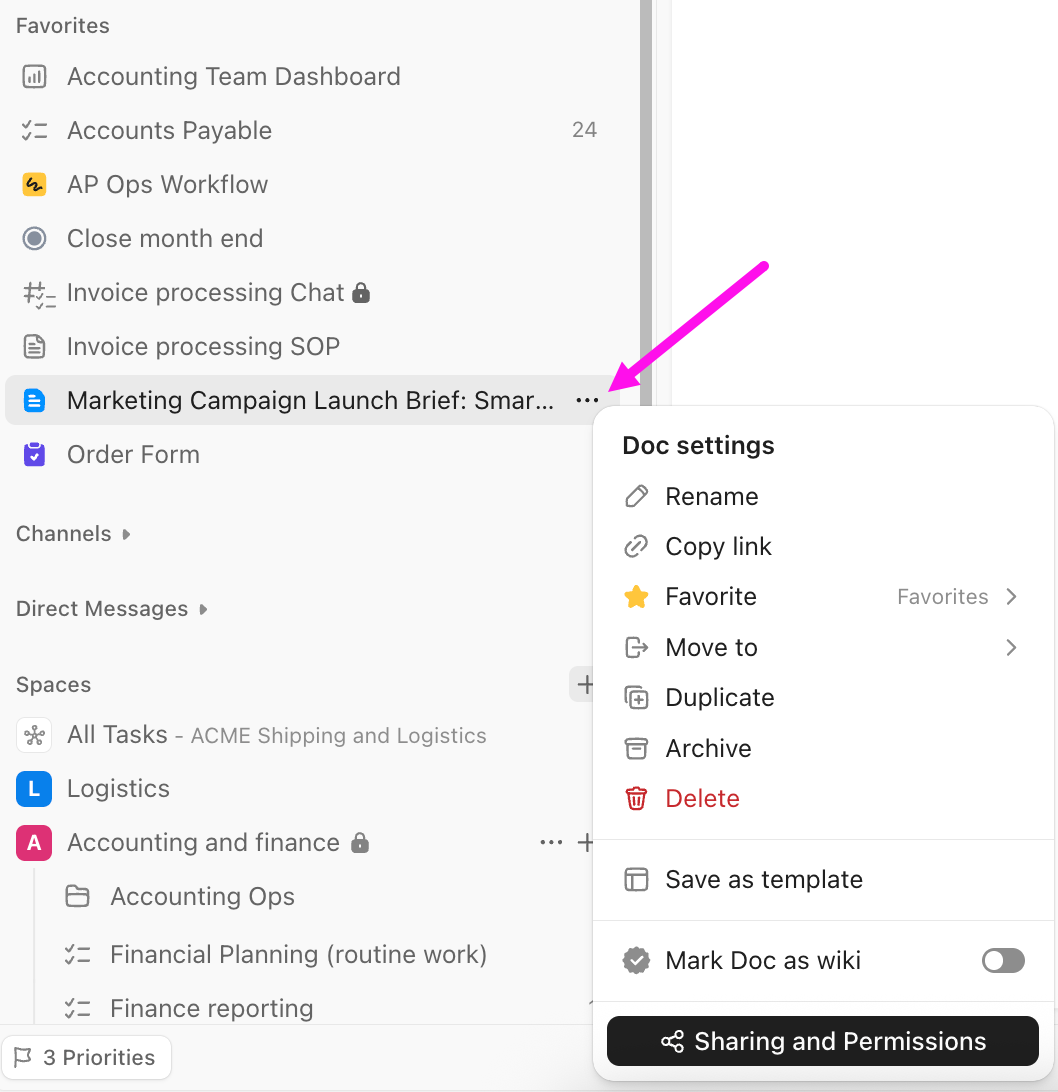Captura de tela do menu de configurações do Documento a partir dos favoritos.