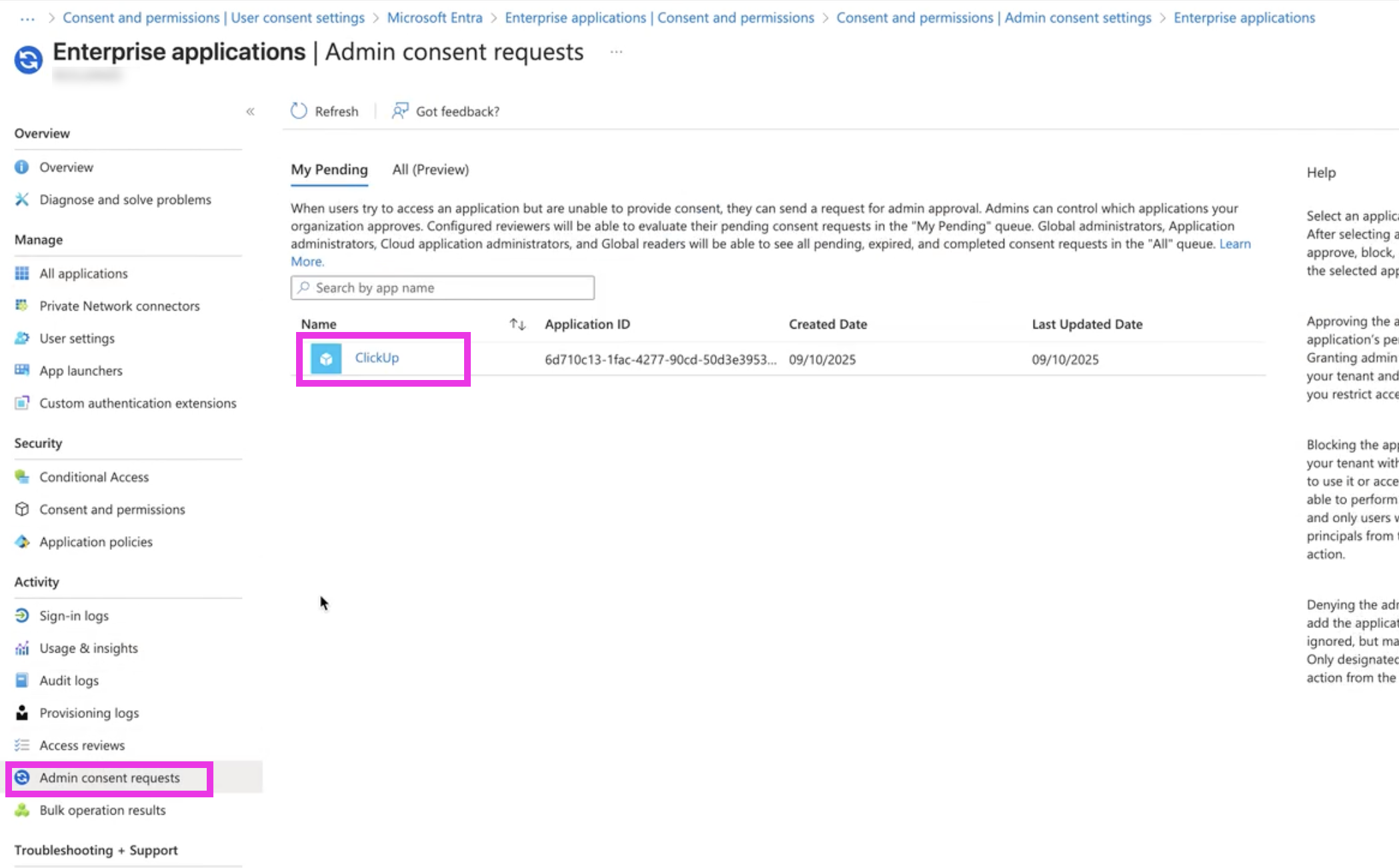 Screenshot highlighting the admin consent requests page and ClickUp.png