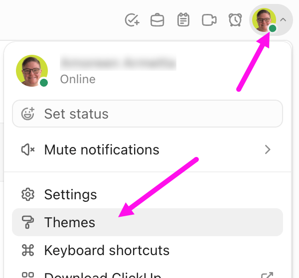 Screenshot of a personal avatar selected and the Themes option highlighted in the avatar menu.png