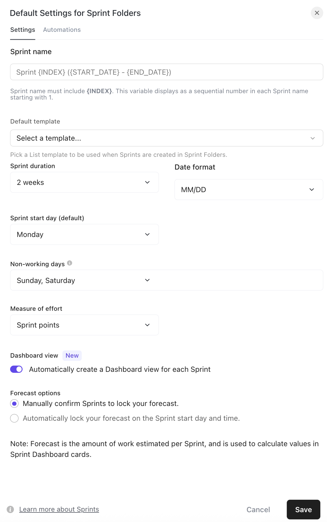 Screenshot of the Default Settings for Sprint Folders.