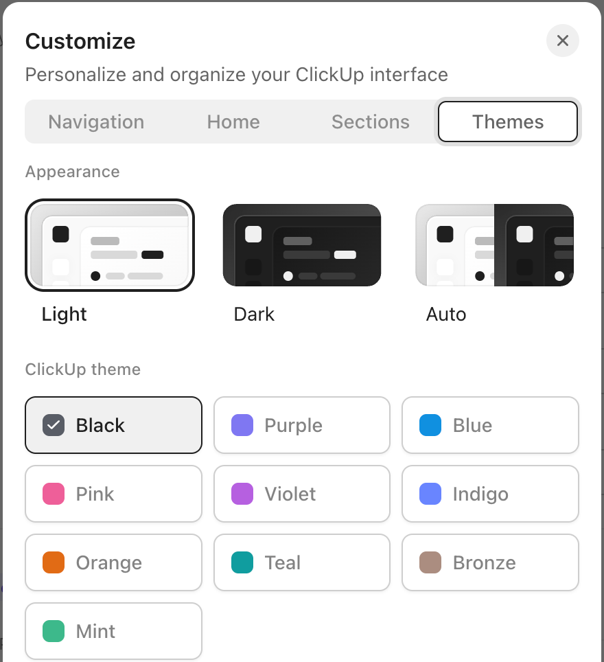 Screenshot of the Themes section of the Customize menu.png