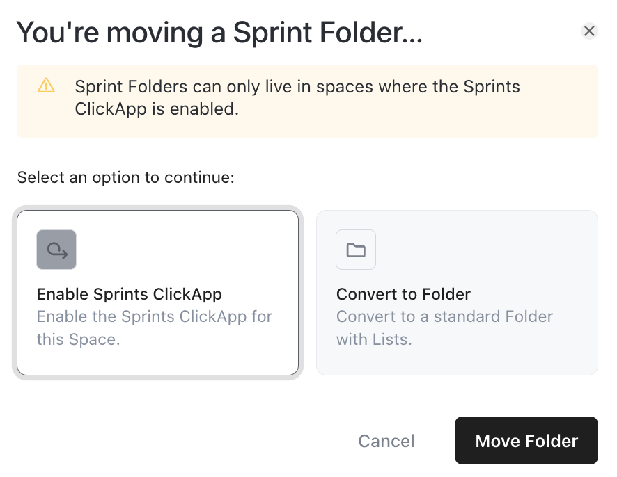 Screenshot of the options available when moving a Sprint Folder.