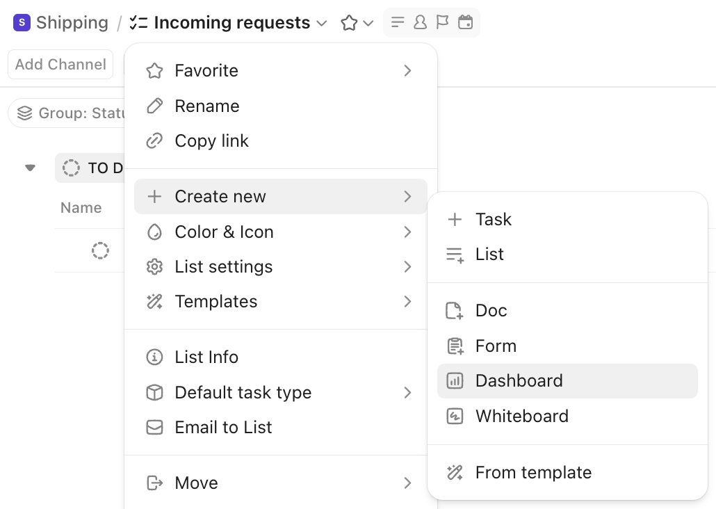 Screenshot of the option to create a Dashboard from the location header.