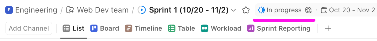 Screenshot of the sprint status in the location header.