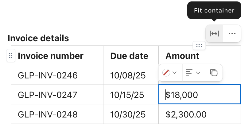 Screenshot of a table highlighting the fit container button.