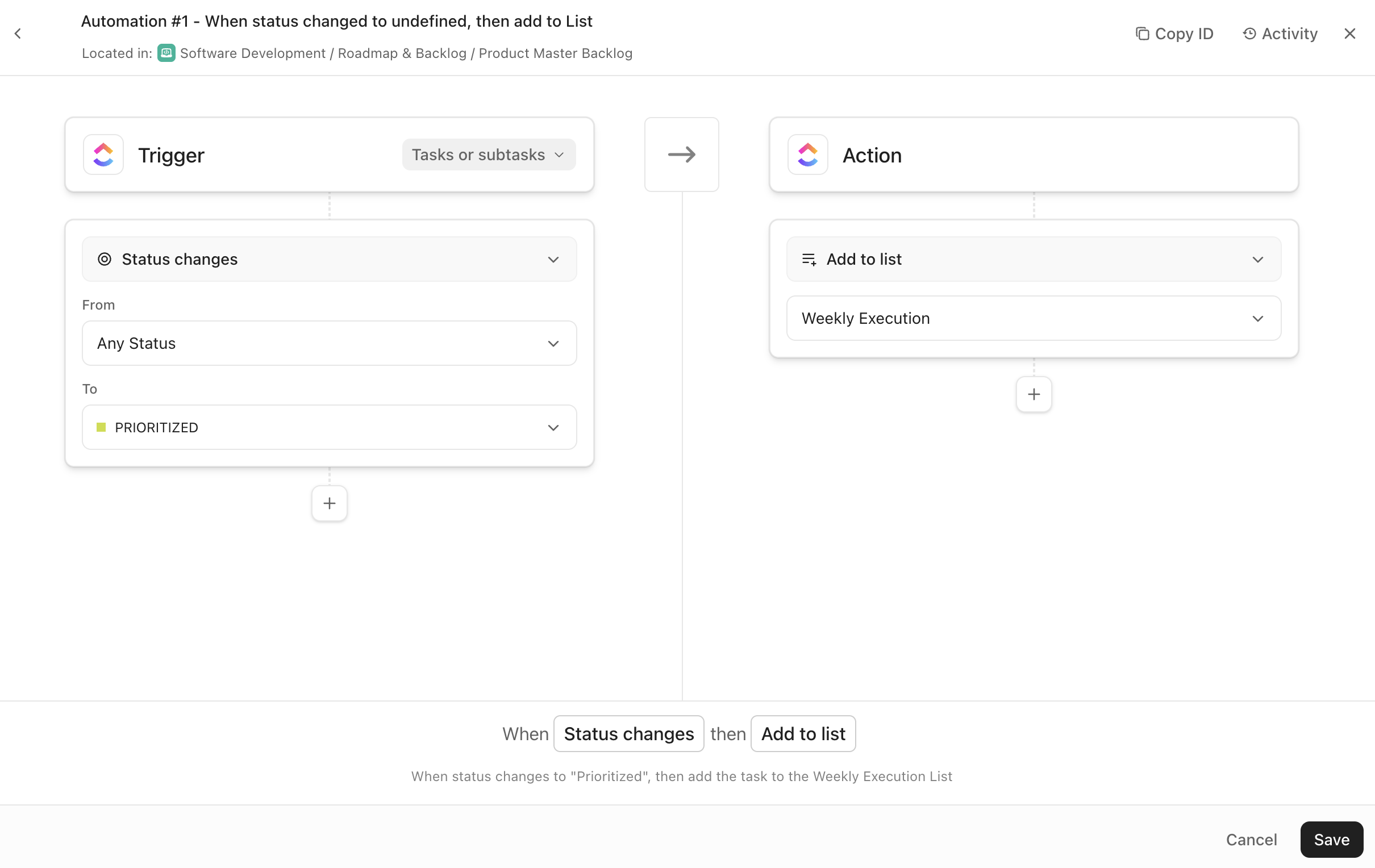 Capture d'écran d'une automatisation qui ajoute des tâches à une liste lorsque leur statut change.png