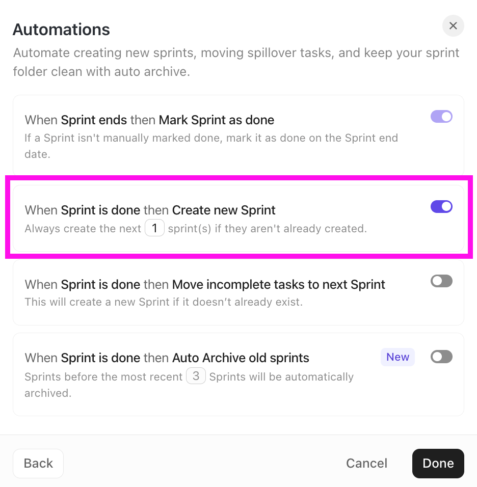 Screenshot of Sprint Automations, highlighting the option to create new sprints.