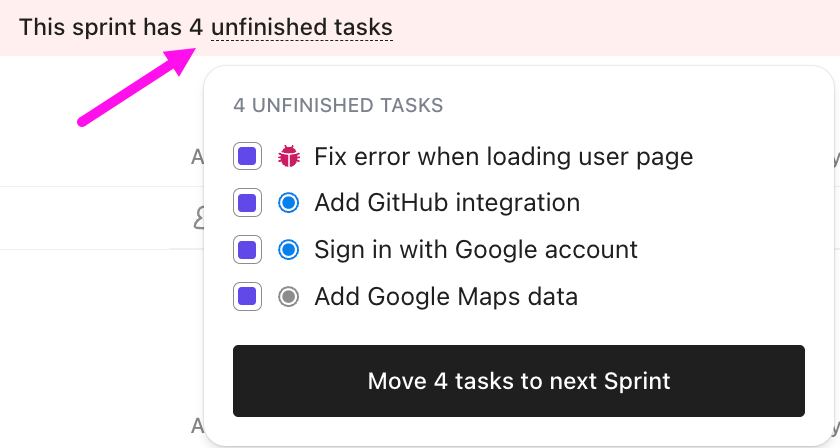 Screenshot of the unfinished tasks banner.