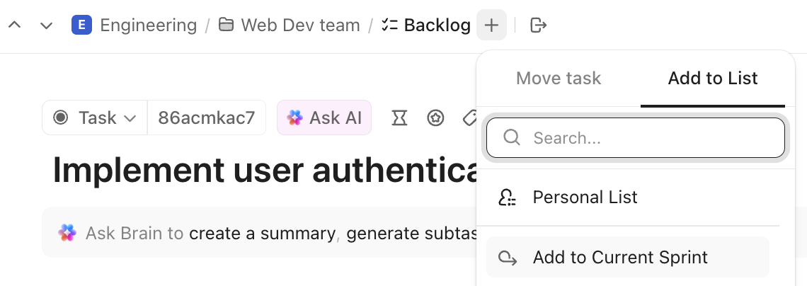 Screenshot of the option to add a task to the current sprint.