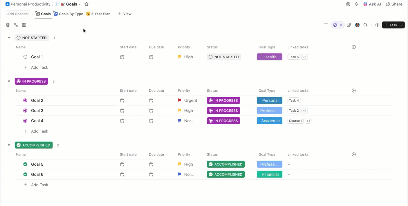 Gif of several views for a Goals List.gif