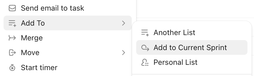 Screenshot dell'opzione per aggiungere allo sprint corrente dal menu contestuale dell'attività.
