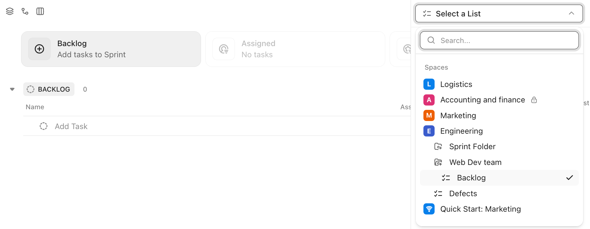 Screenshot der Option zur Auswahl einer Backlog-Liste.