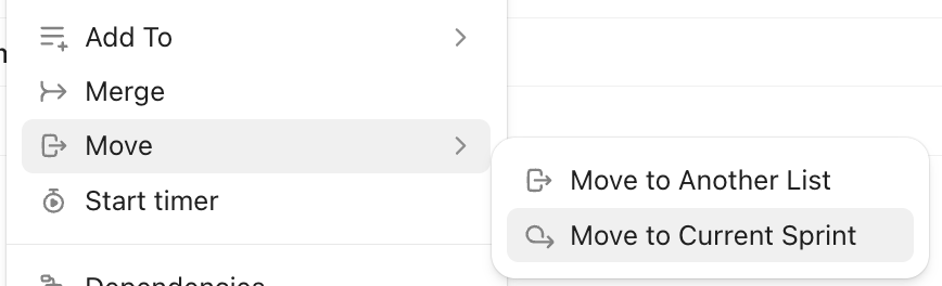 Captura de tela da opção para mover uma tarefa para o sprint atual.