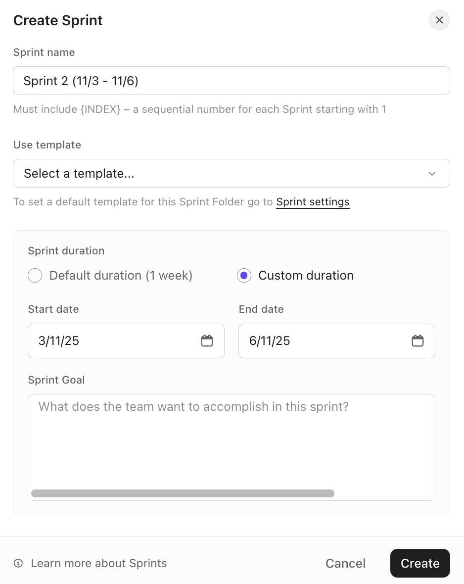 Screenshot dell'opzione per creare uno sprint con una durata personalizzata.