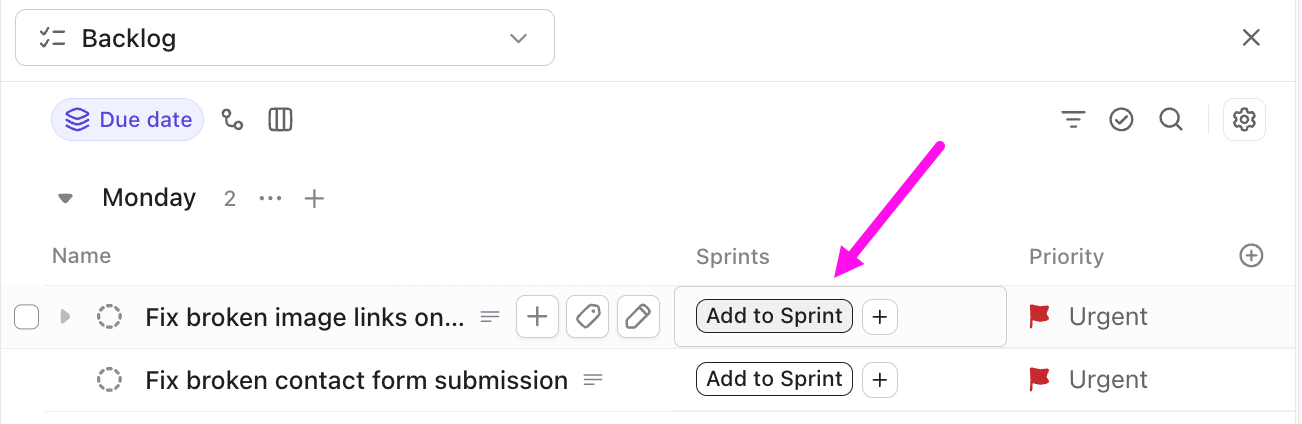 Screenshot der Option, eine Aufgabe zum aktuellen Sprint hinzuzufügen.