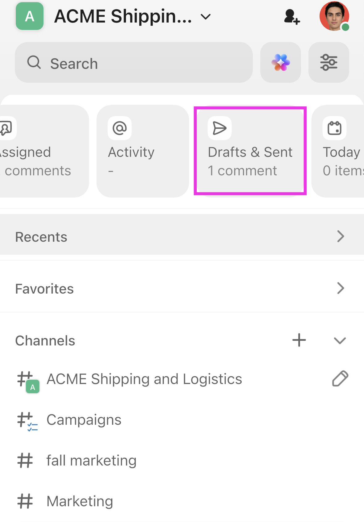 Screenshot of the Drafts & Sent card on Home.png