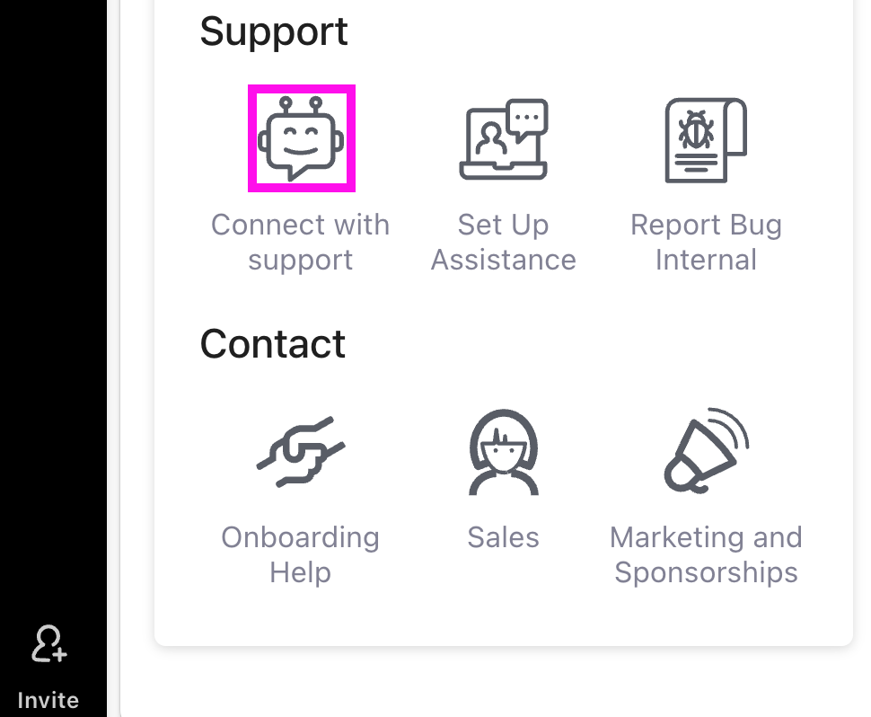 Screenshot of the Support menu open in the lower left corner of a Workspace.png