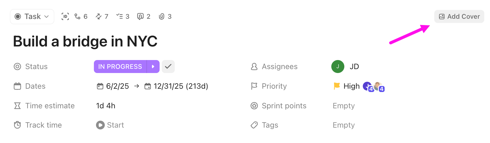Screenshot of the button to add a cover image to a task.
