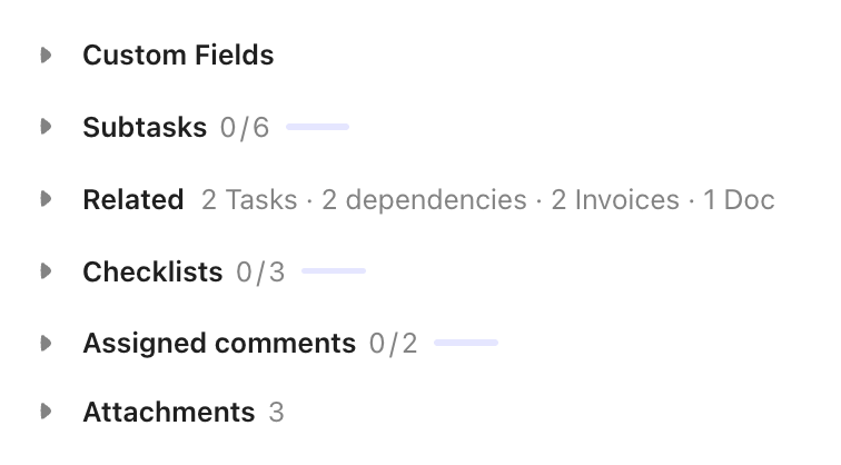 Screenshot of the sections on a task.