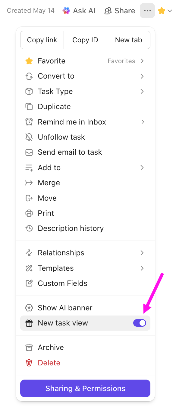 Screenshot of the option to switch to the new task view.