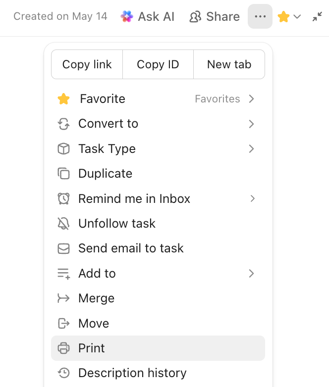 Screenshot of the option to print a task.