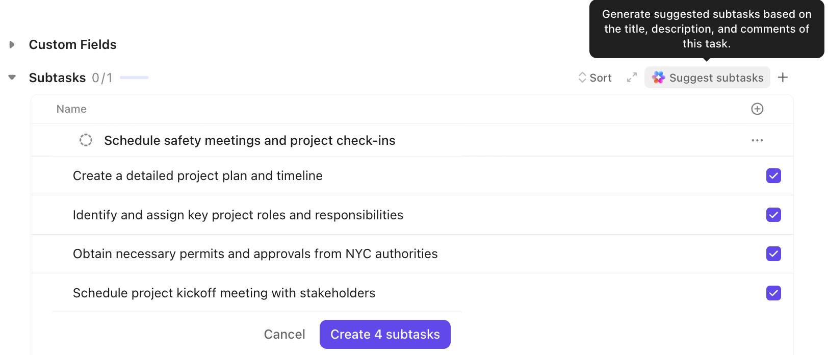 Screenshot of the option to have AI create suggested subtasks.