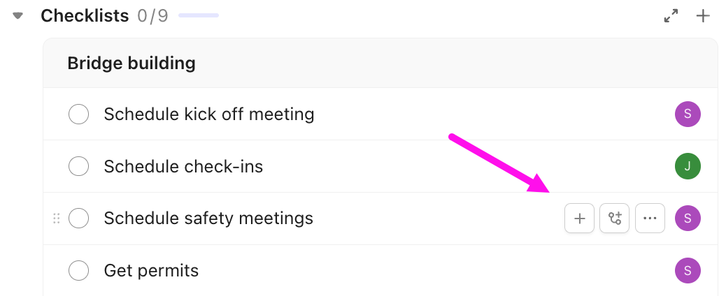 Screenshot of the options available on a checklist item.