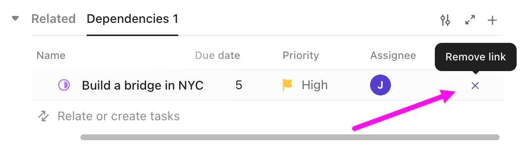 Screenshot of the option to remove a dependency.