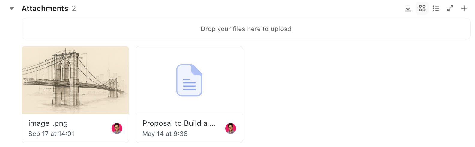 Screenshot of the attachments section of a task.