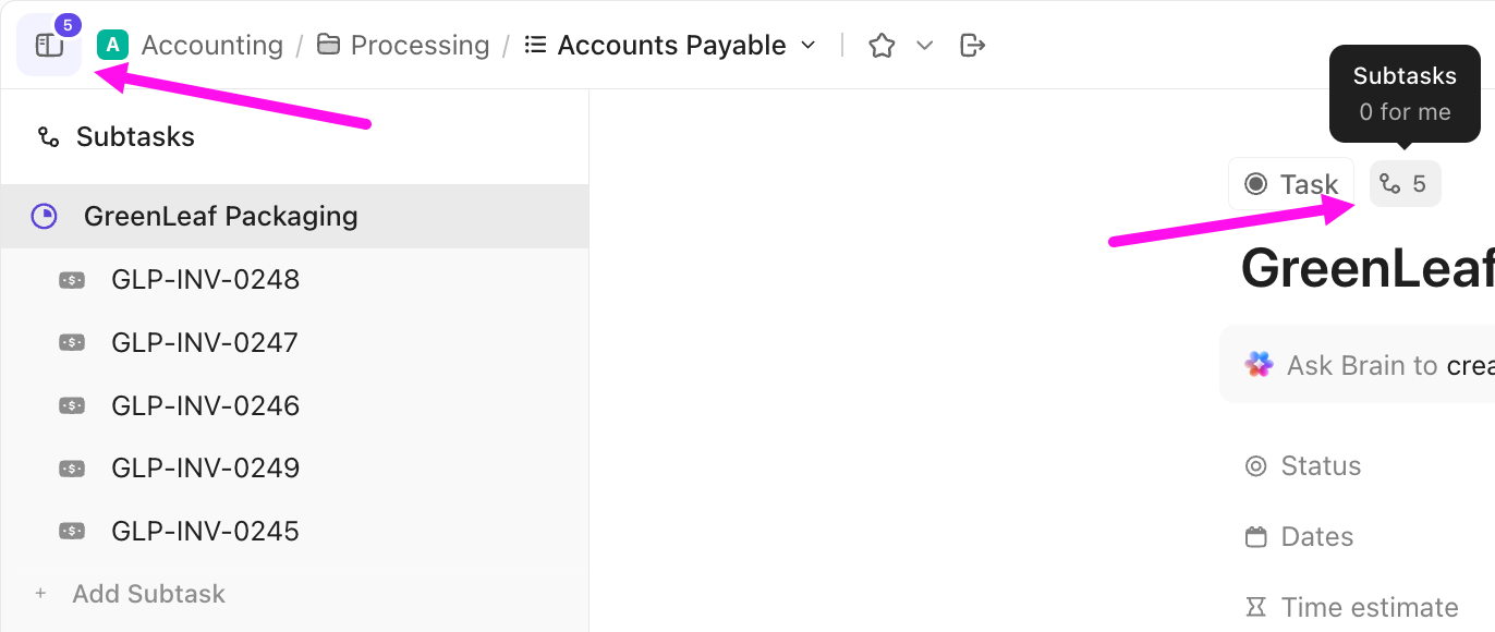 Screenshot of the subtask sidebar and quick link to the subtask section.