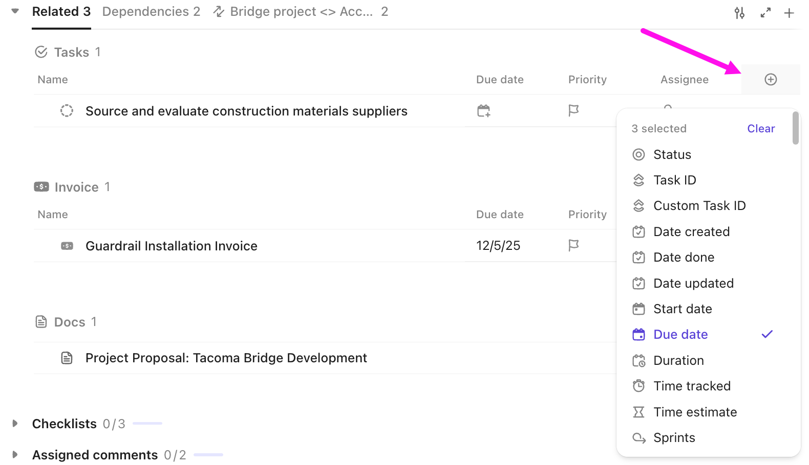 Screenshot of the option to add columns to the related tab.