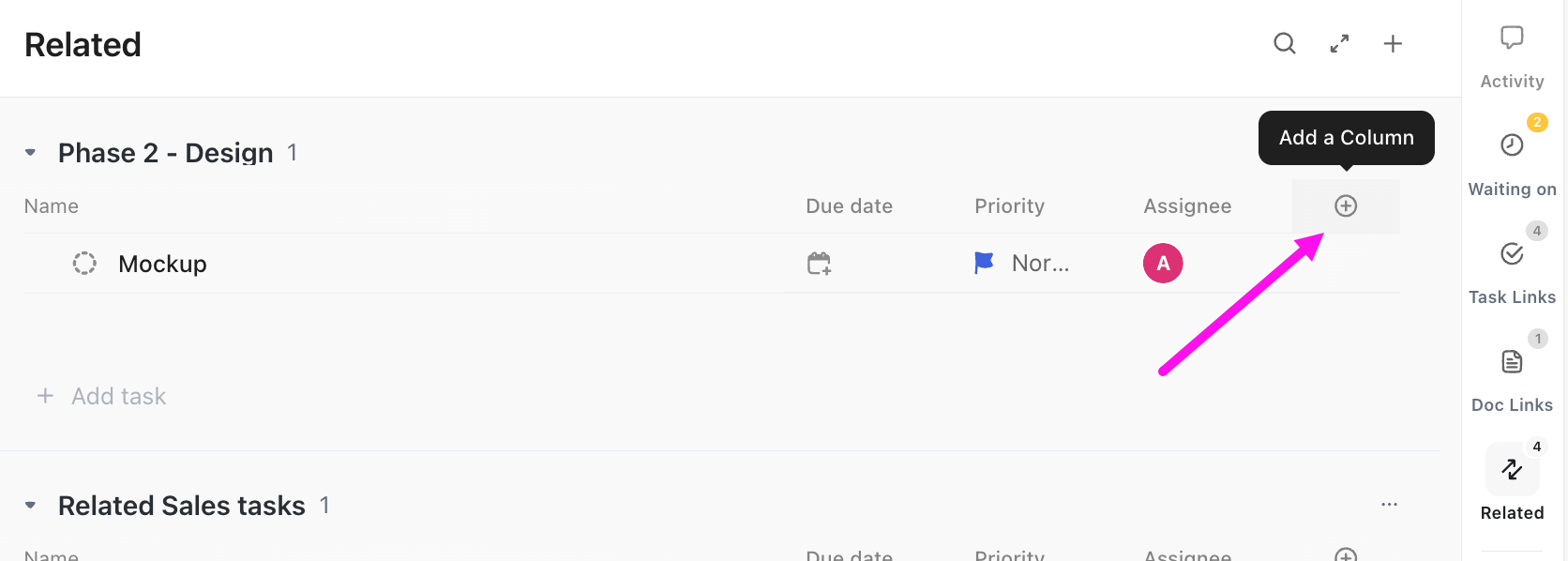Screenshot of the option to add columns to Related tab.