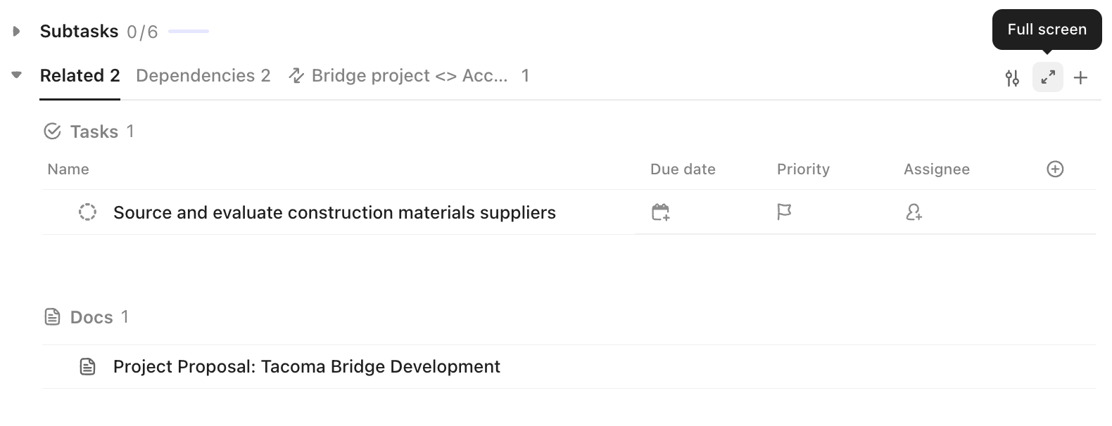 Screenshot of the relationships section highlighting the full screen button.