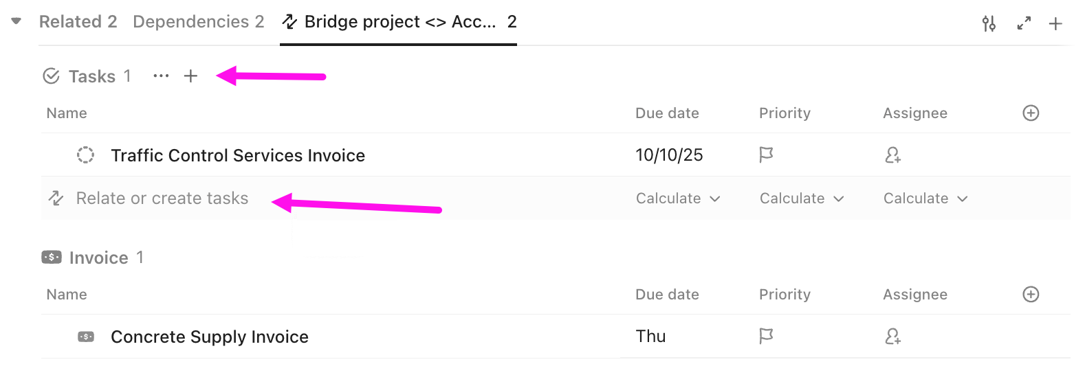 Screenshot of a custom relationship, highlighting the options to add related tasks.