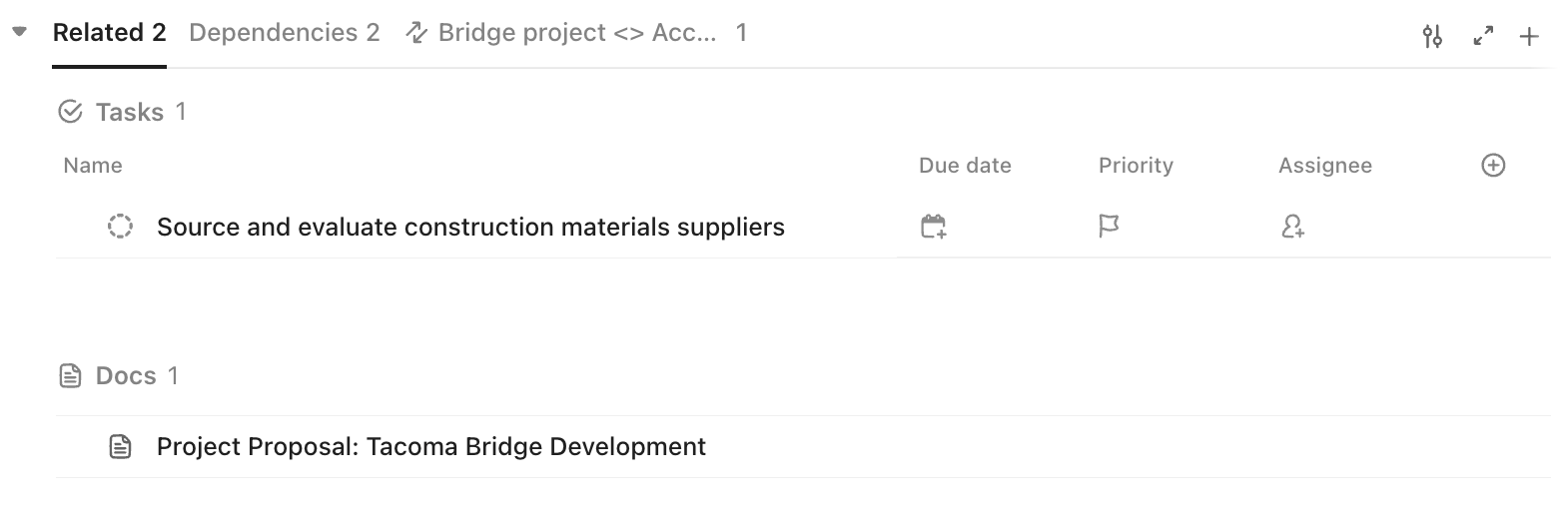 Screenshot of the relationships section on a task,