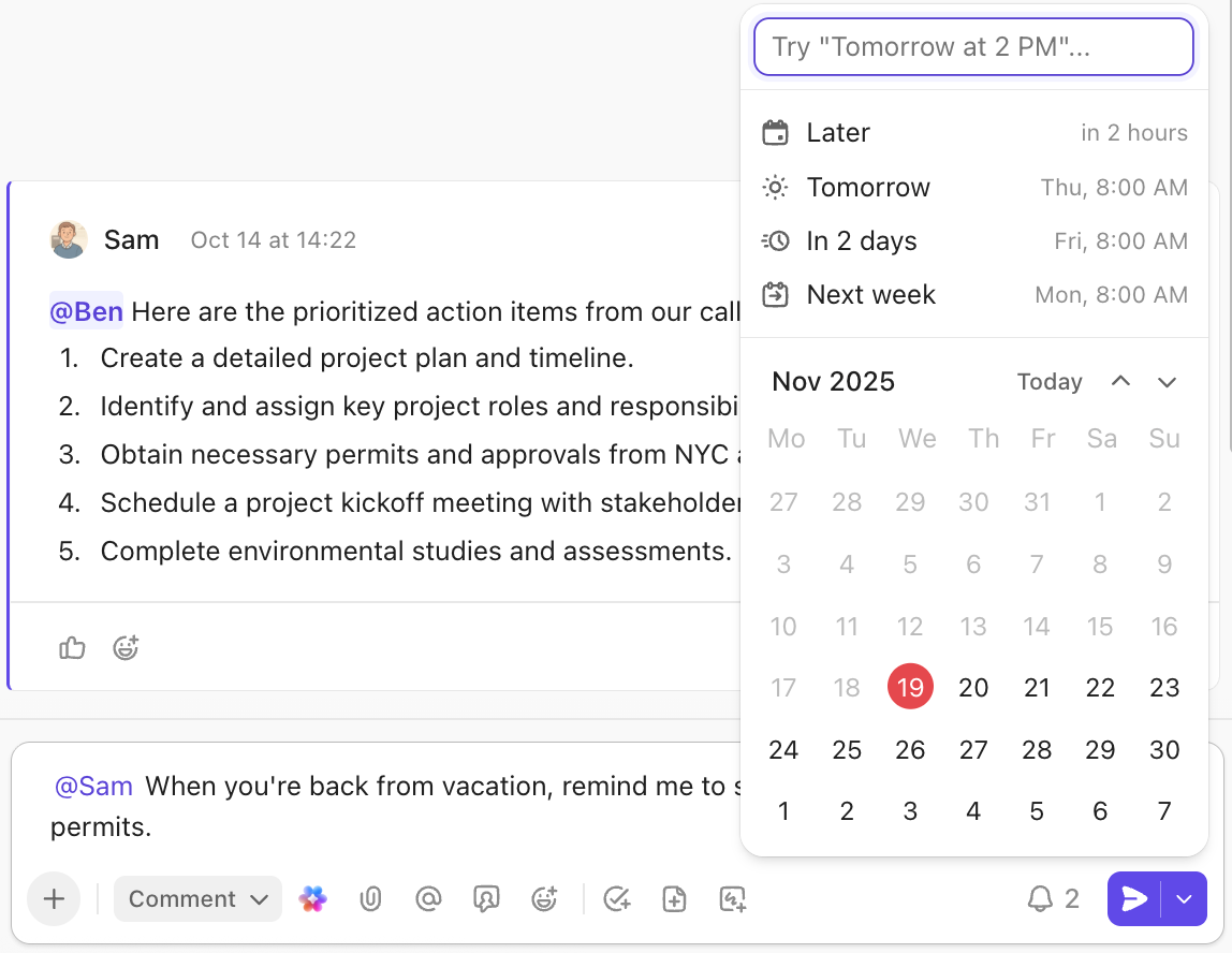 Screenshot of the option to scheduling sending a task comment.