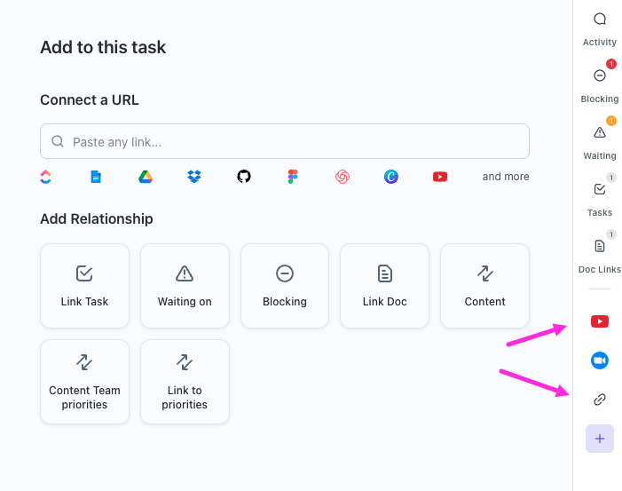Captura de pantalla de la barra lateral derecha en la vista de Tareas 3.0, donde se puede acceder a los enlaces compartidos.