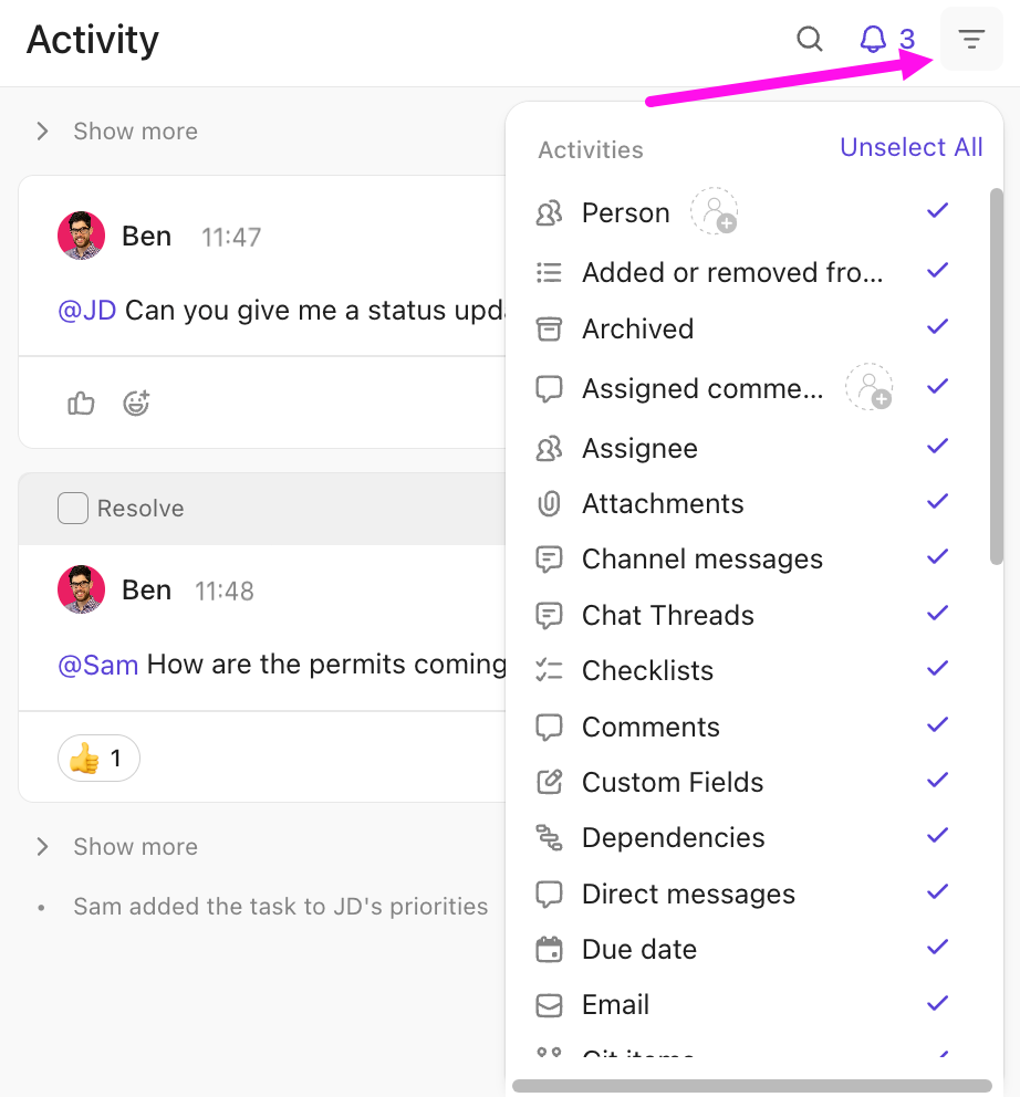 Screenshot del filtro delle azioni.