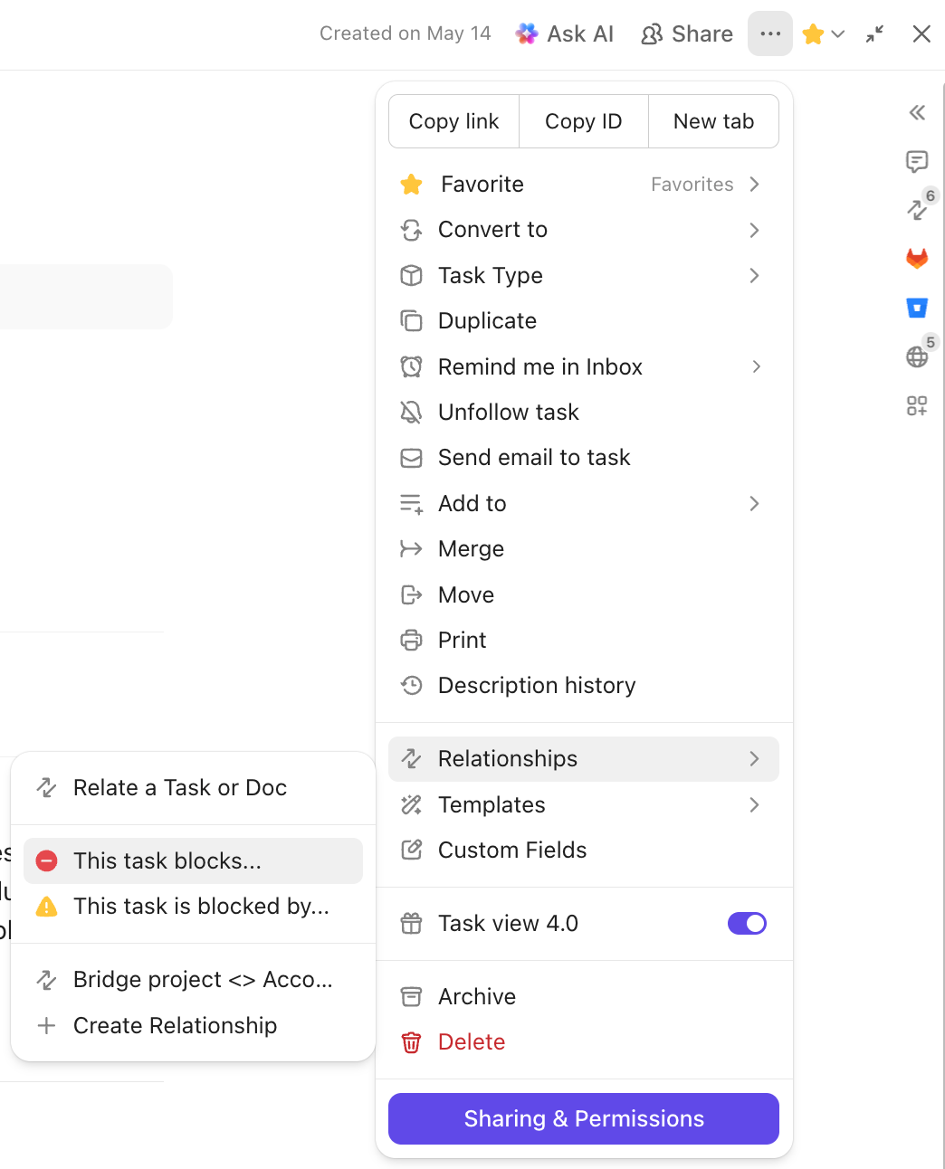 Captura de pantalla del menú de configuración de tareas, en la que se destaca la opción para añadir dependencias.