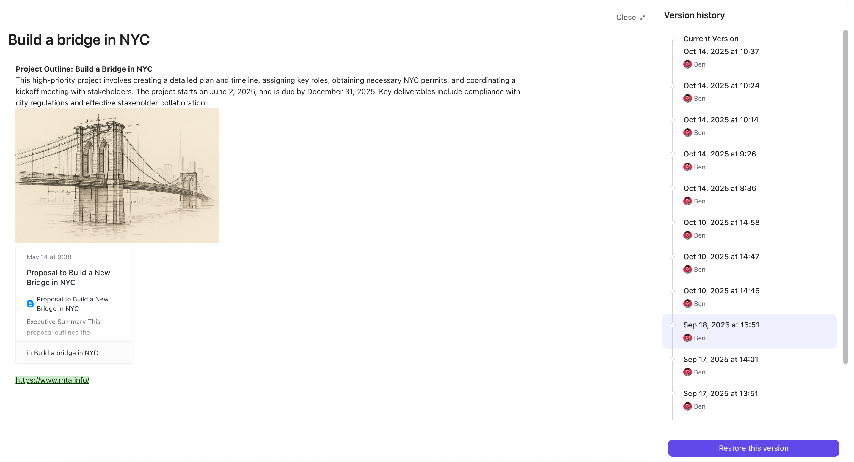 Screenshot dell'opzione per ripristinare le versioni precedenti della descrizione dell'attività.