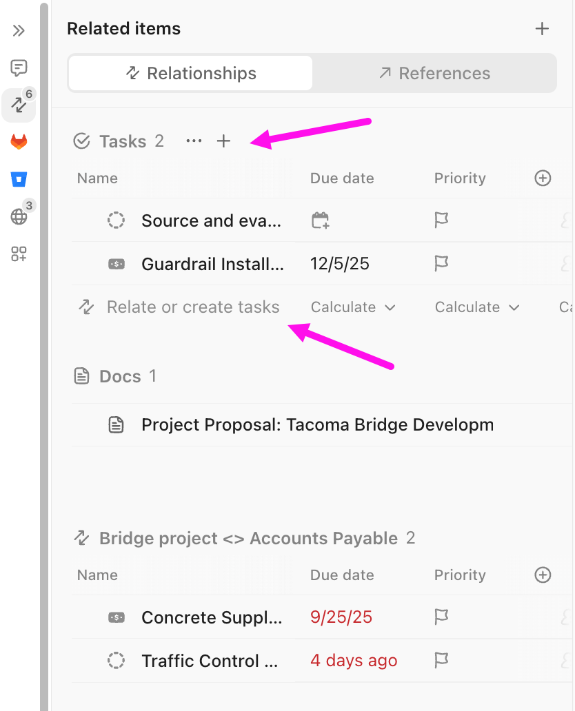 Screenshot della barra laterale Relazioni che evidenzia le opzioni per mettere in relazione le attività.