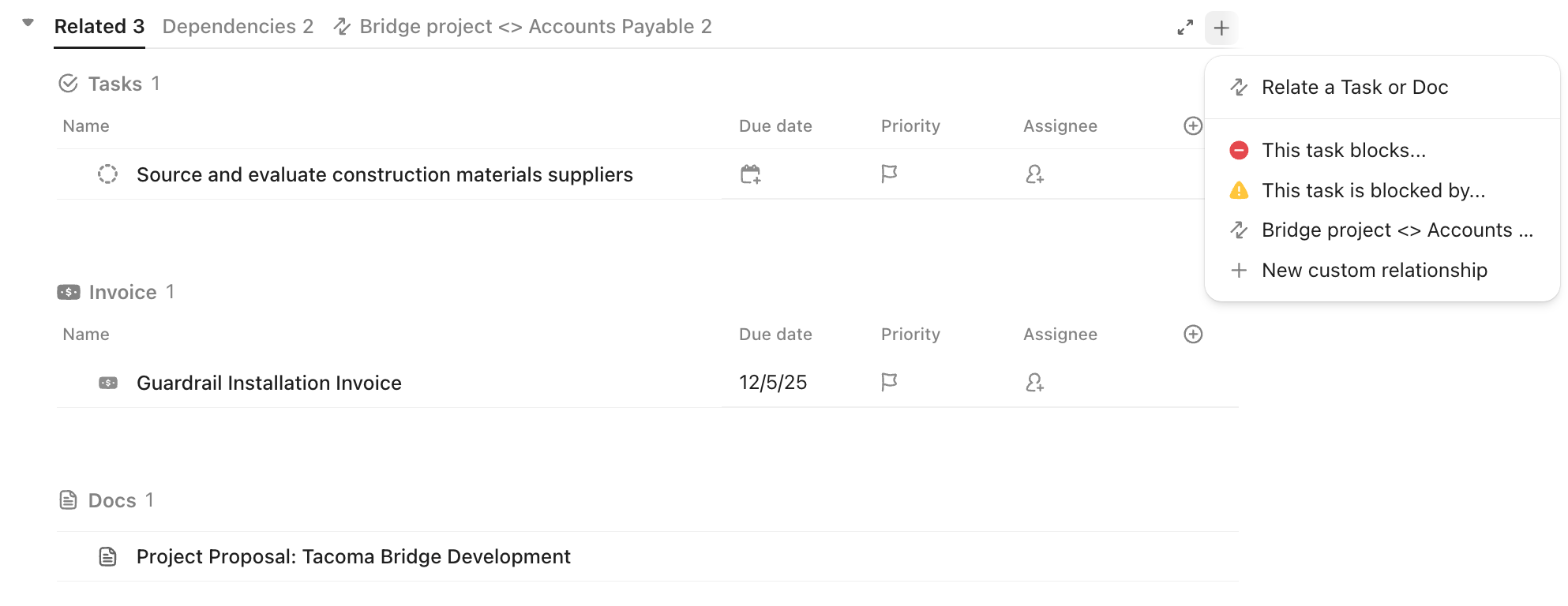 Captura de pantalla del botón Crear relación en la sección Relaciones de una tarea.