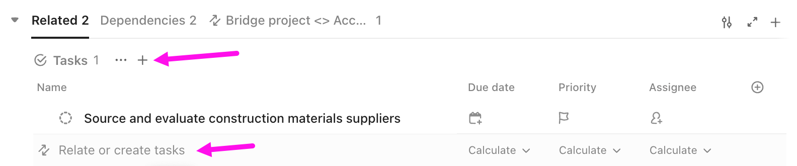 Captura de pantalla de las opciones para vincular tareas.