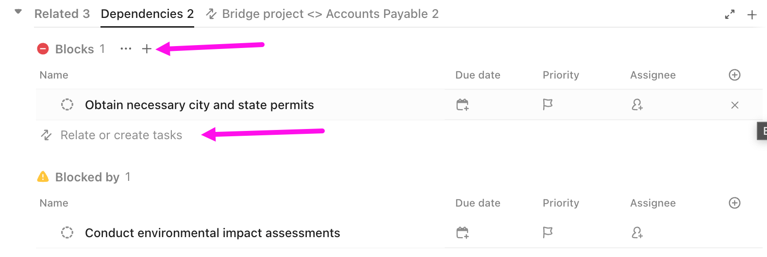 Captura de pantalla de las opciones para añadir dependencias desde la pestaña Dependencias de la sección Relaciones.