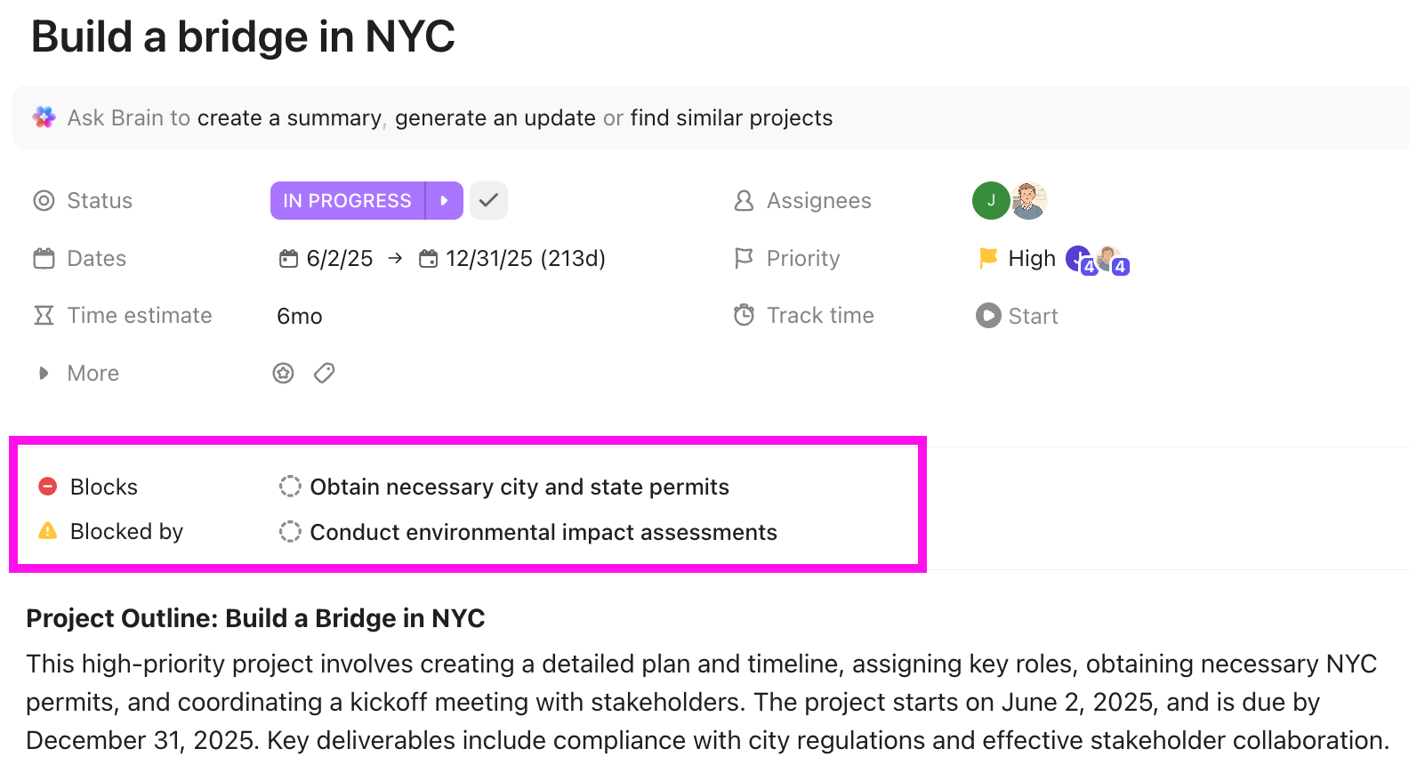 Screenshot della sezione dipendenze di un'attività.
