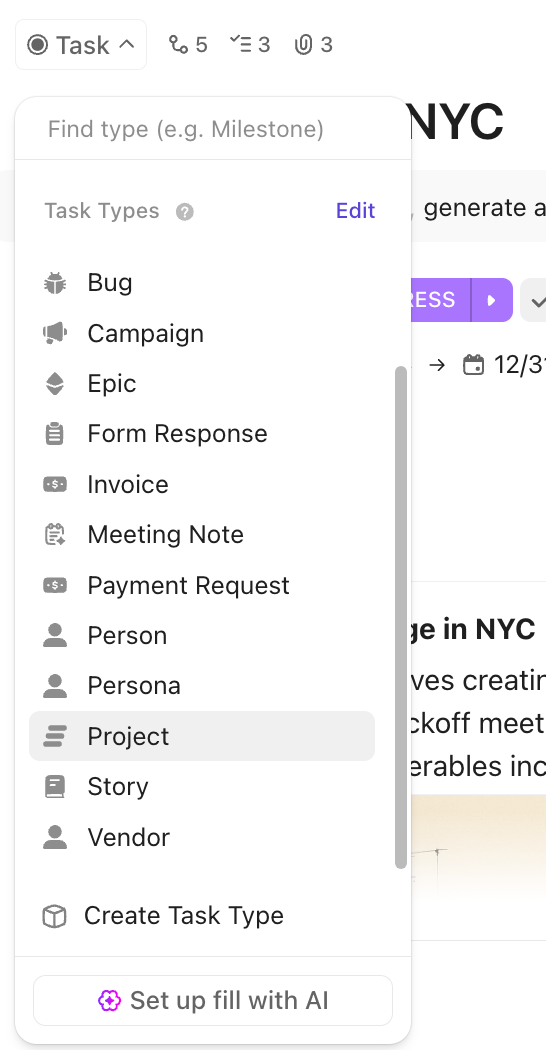Captura de pantalla de la opción para configurar el tipo de tarea personalizada en una tarea.